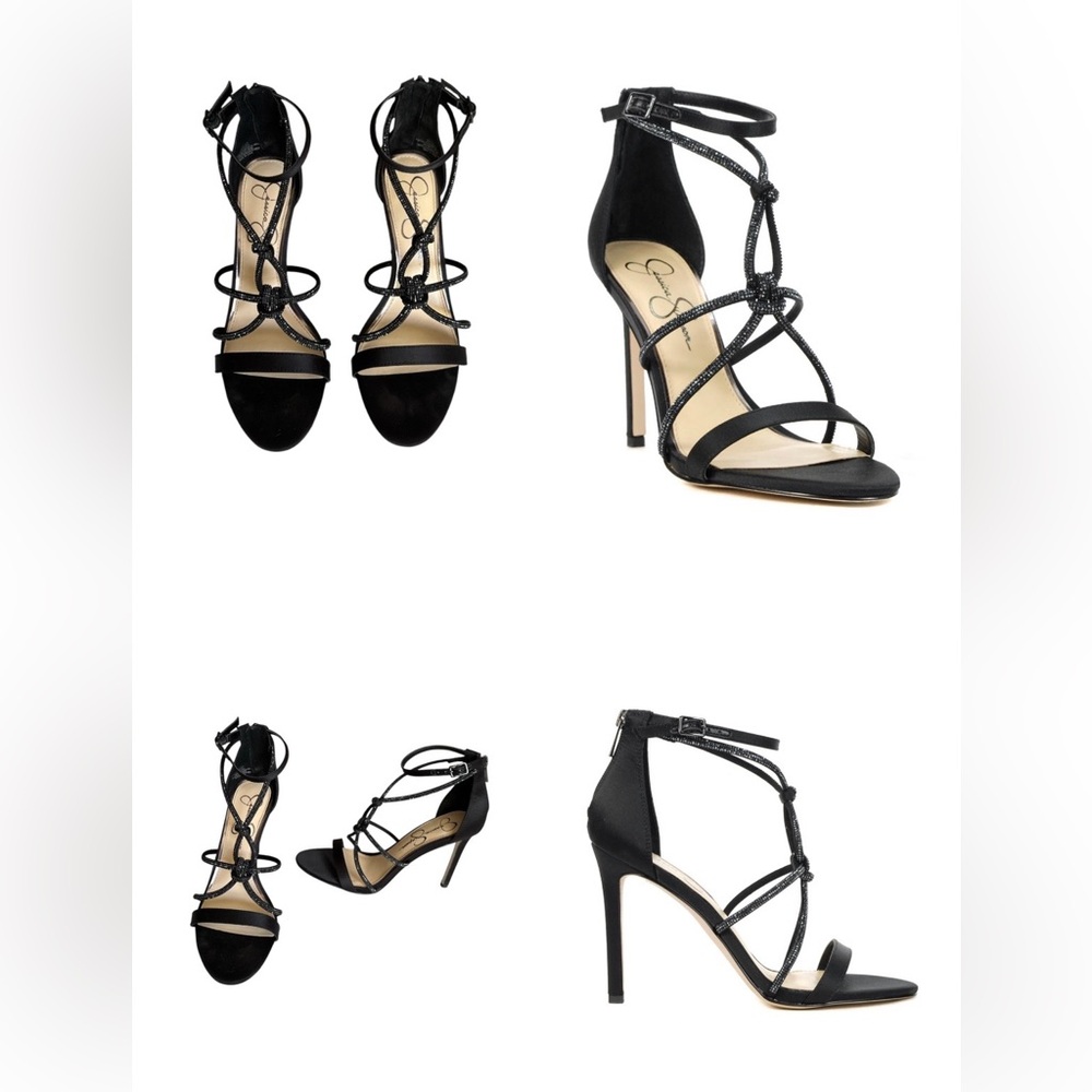 Jessica Simpson Satin Black Crystal Embellished Stiletto Sandals Women size 8M